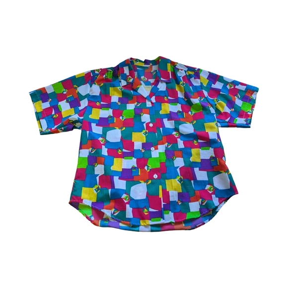 Rubik’s Cube Print Button-Up Shirt | Retro Gamer Colorblock Blouse Size M/L - Picture 8 of 9